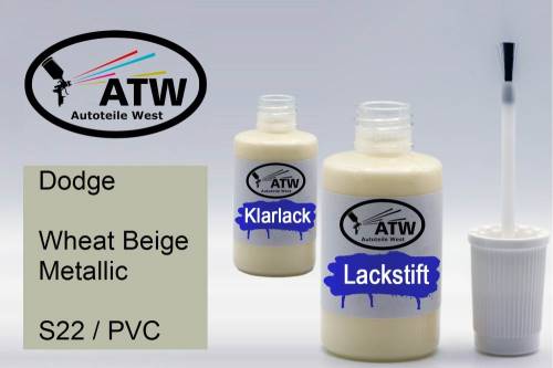 Dodge, Wheat Beige Metallic, S22 / PVC: 20ml Lackstift + 20ml Klarlack - Set, von ATW Autoteile West.